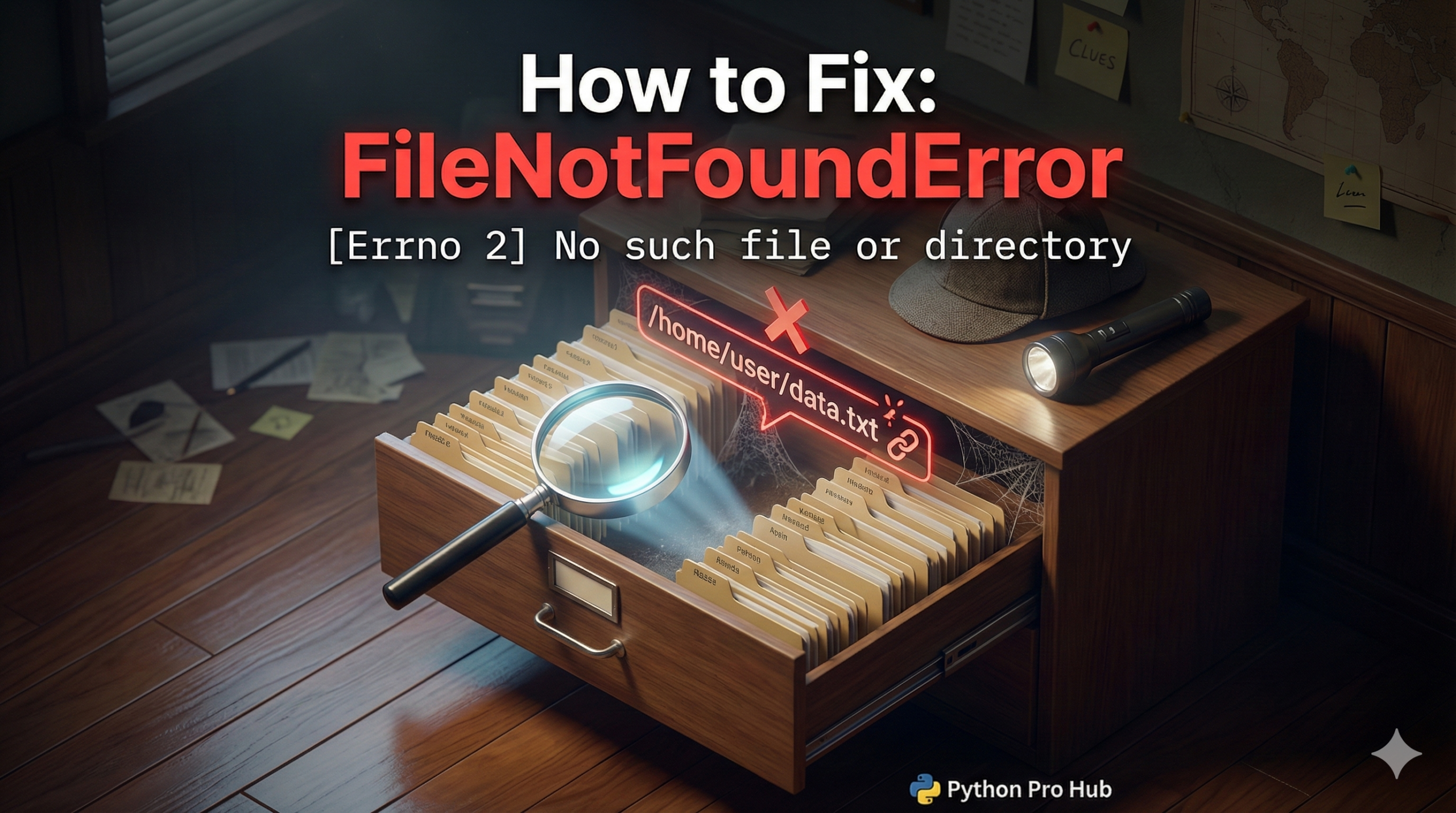 3D illustration of a searchlight finding an empty spot in a file cabinet, representing the FileNotFoundError in Python.