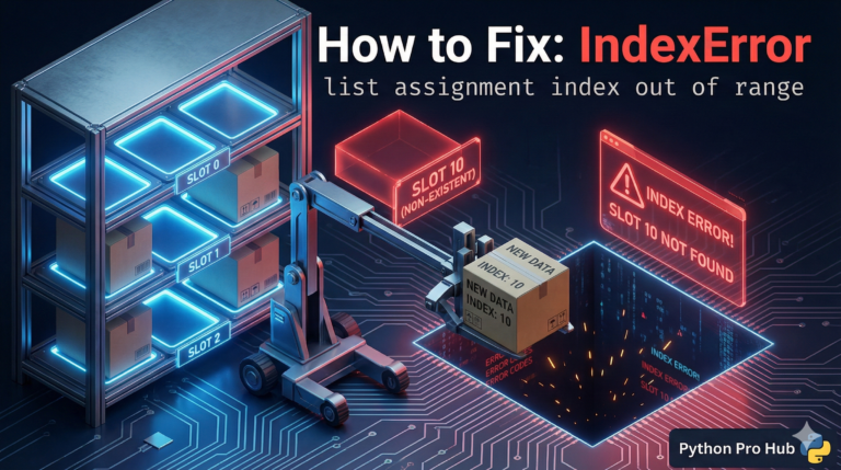 3D illustration of a forklift trying to place a box on a non-existent shelf slot, representing the list assignment index out of range error.