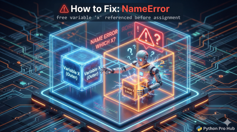 3D visualization of a robot inside nested boxes confused between an outer variable and a local variable, representing a Python NameError.