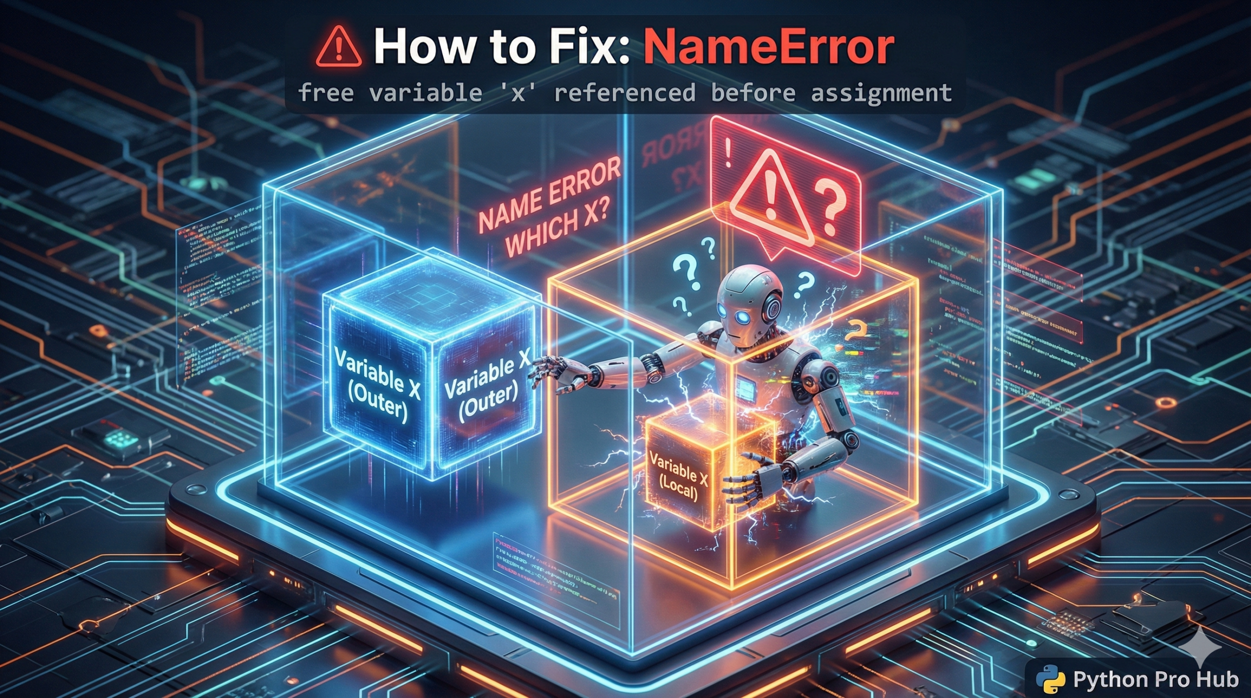 3D visualization of a robot inside nested boxes confused between an outer variable and a local variable, representing a Python NameError.