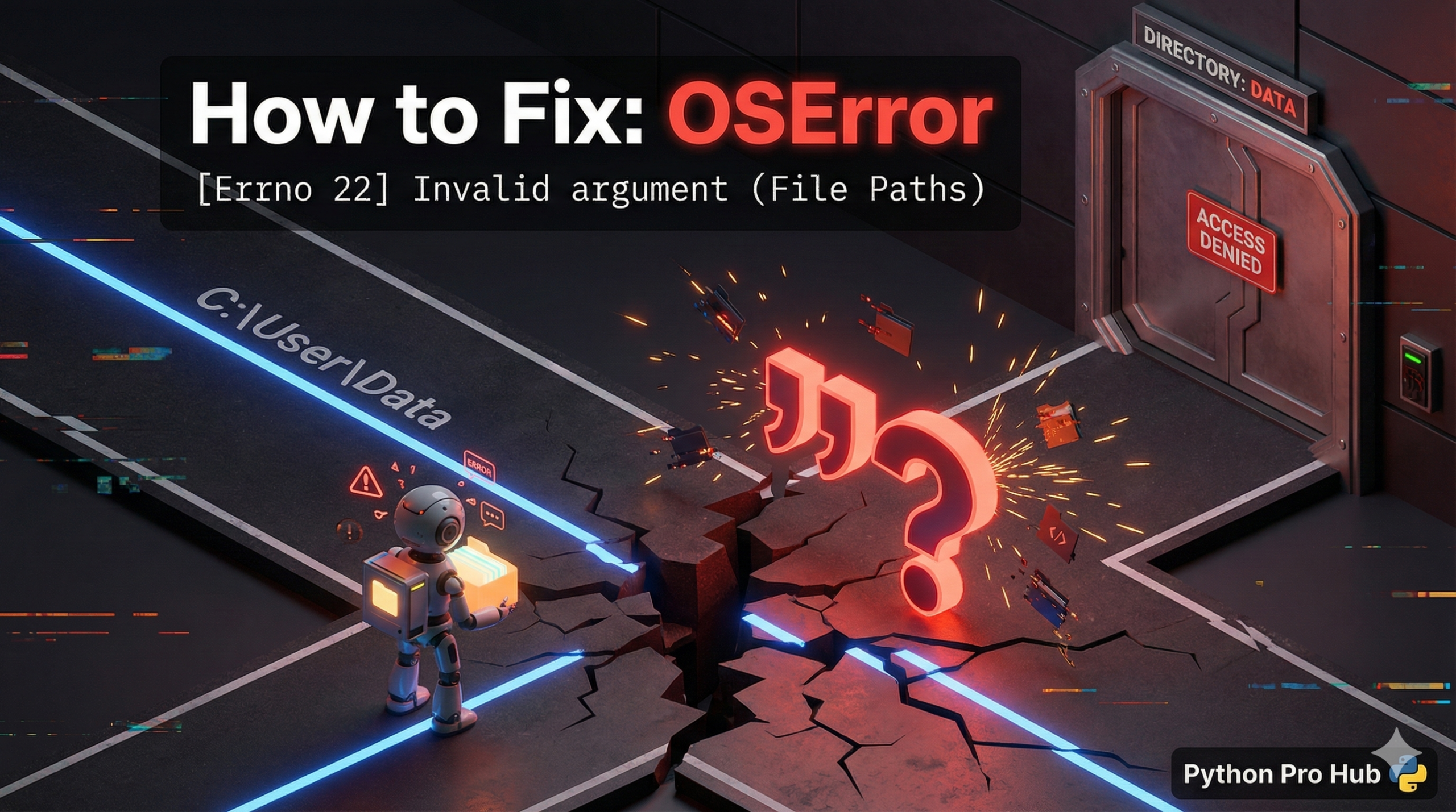 3D illustration of a file path blocked by illegal characters causing an OSError [Errno 22] Invalid Argument in Python.