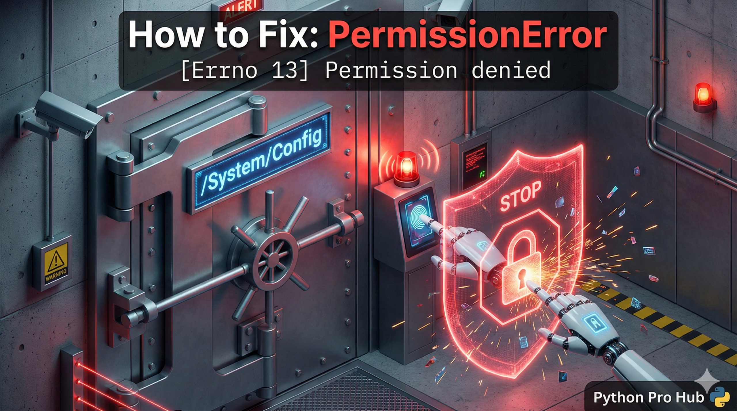 3D visualization of a secure vault door denying access to a user, representing the Python PermissionError.