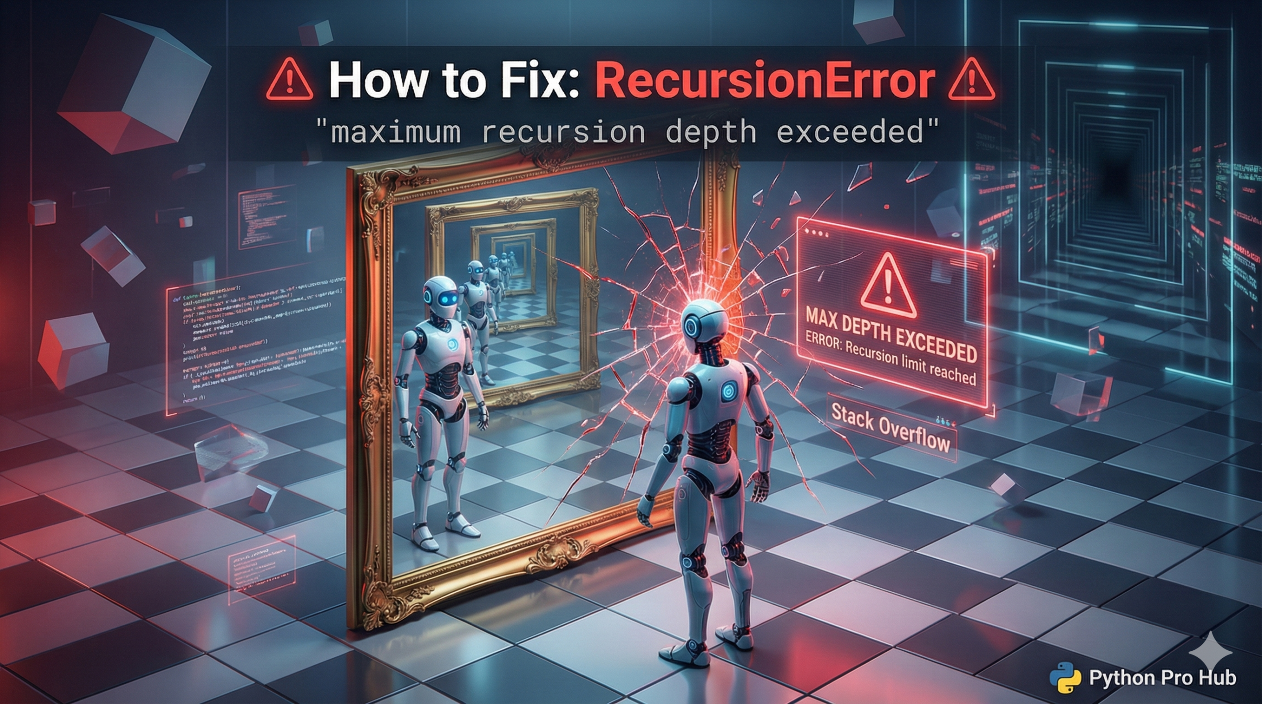 3D illustration of an infinite mirror reflection cracking, representing the RecursionError maximum depth exceeded.