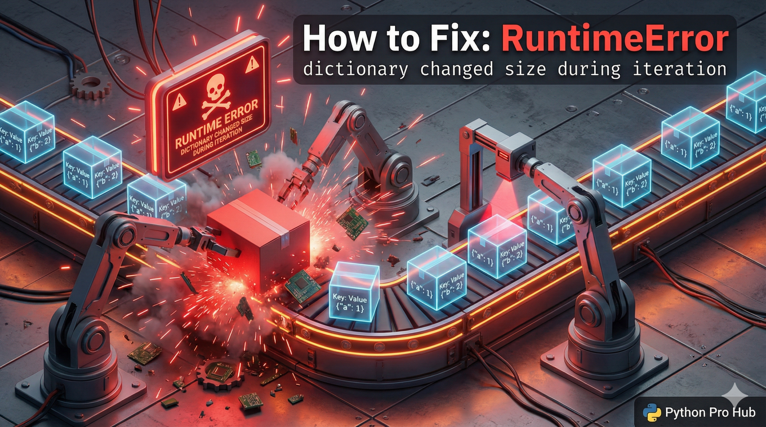 3D illustration of a conveyor belt jamming because items were added or removed while moving, representing a dictionary iteration error.