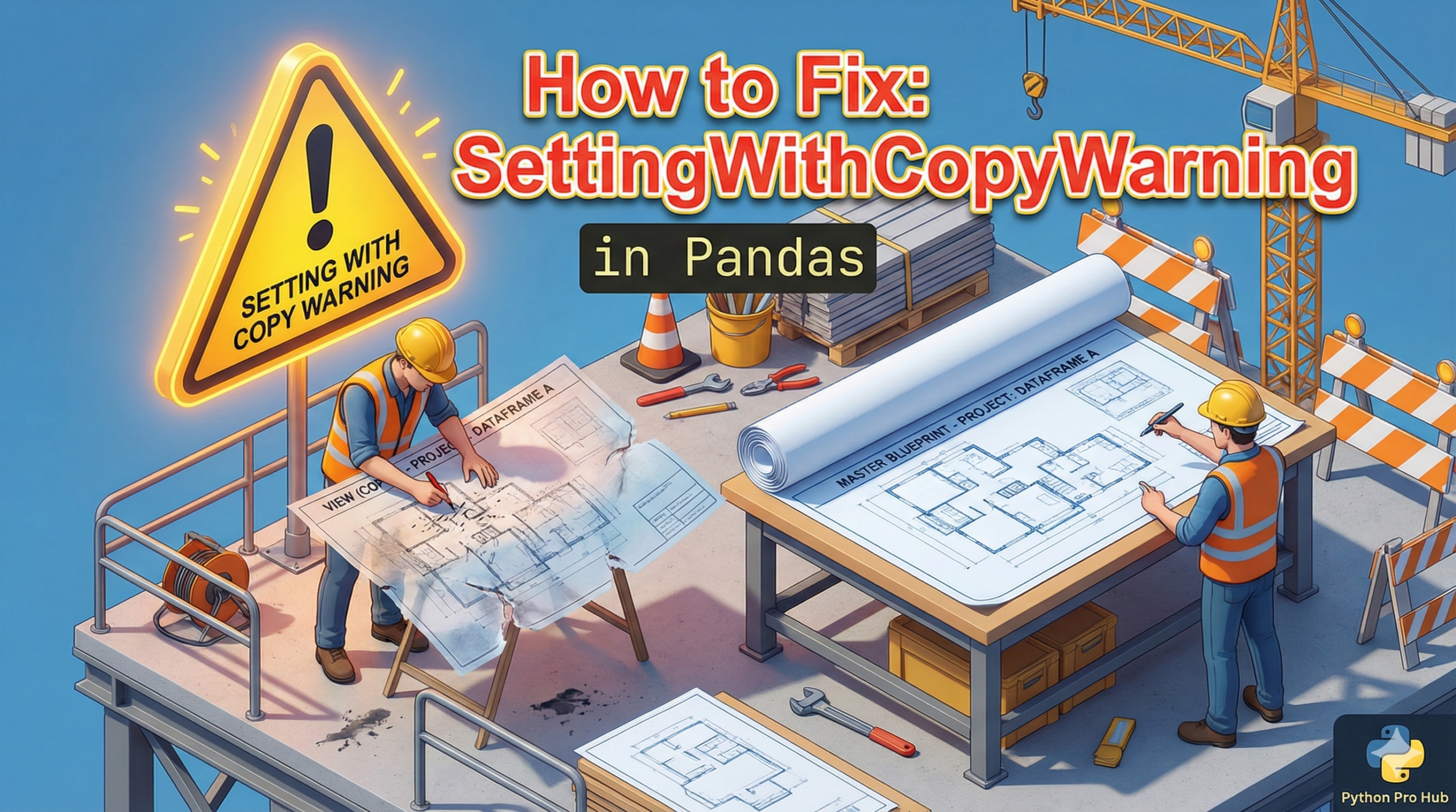3D illustration of a worker modifying a photocopy instead of the original blueprint, representing the Pandas SettingWithCopyWarning.