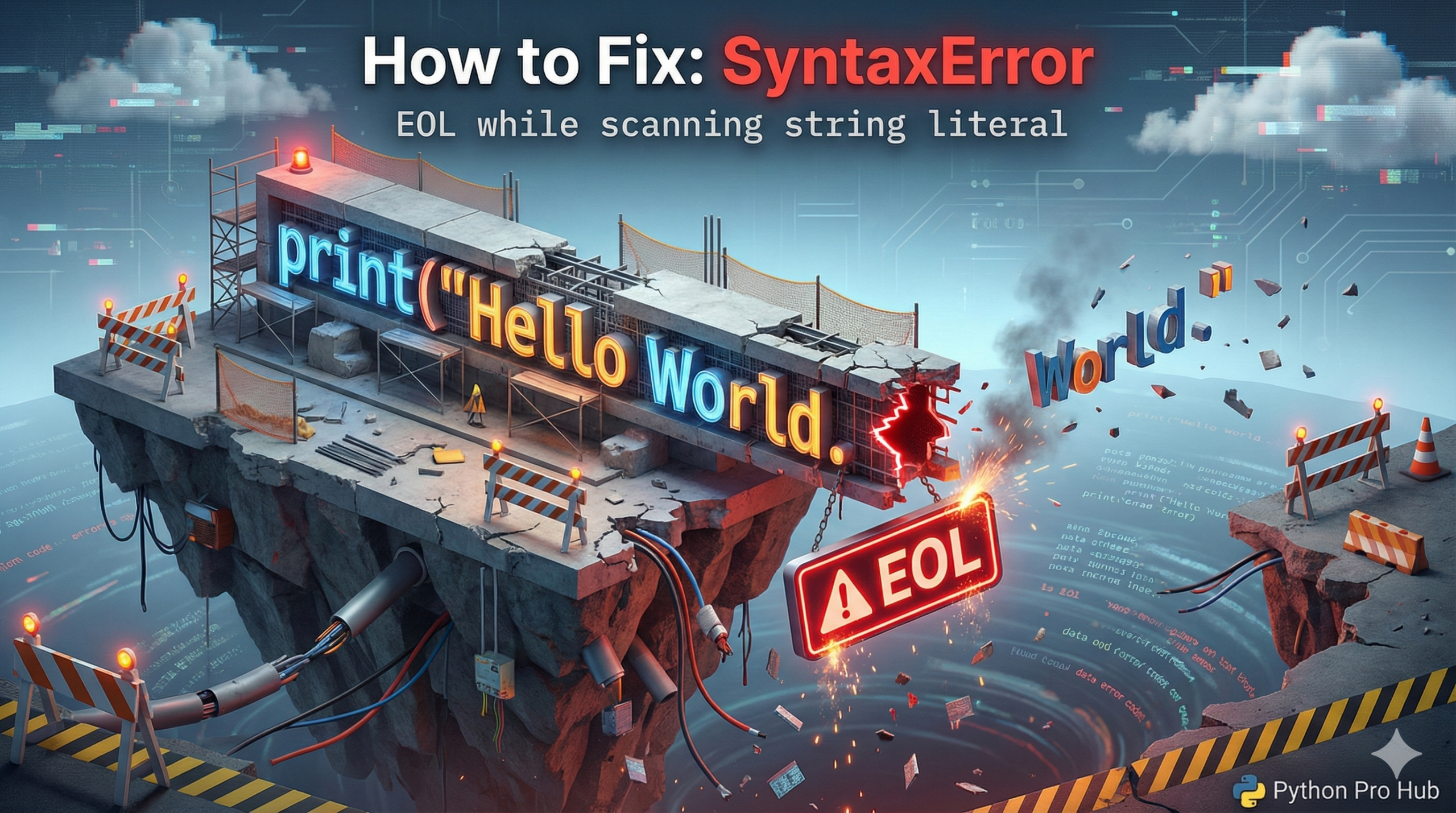 3D illustration of a text string falling off a cliff due to a missing closing quote, representing the EOL SyntaxError.