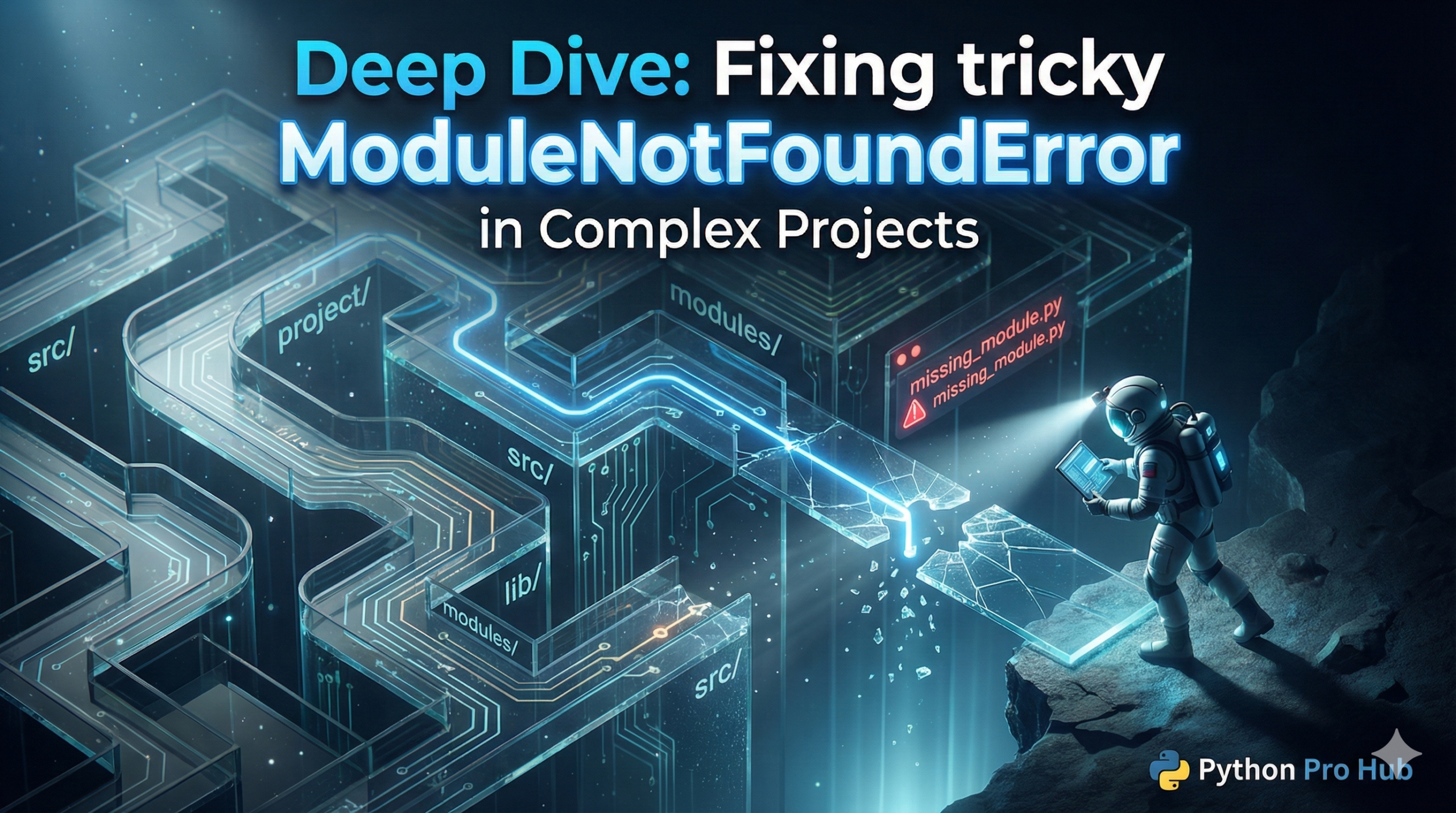 3D illustration of a complex maze with a broken path, representing a difficult ModuleNotFoundError in a large Python project.
