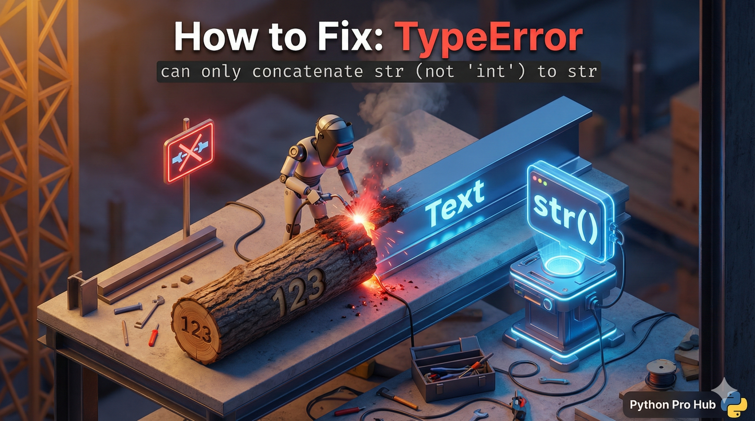 3D visualization of a failed attempt to weld a wooden number block to a metal text beam, representing a concatenation TypeError.
