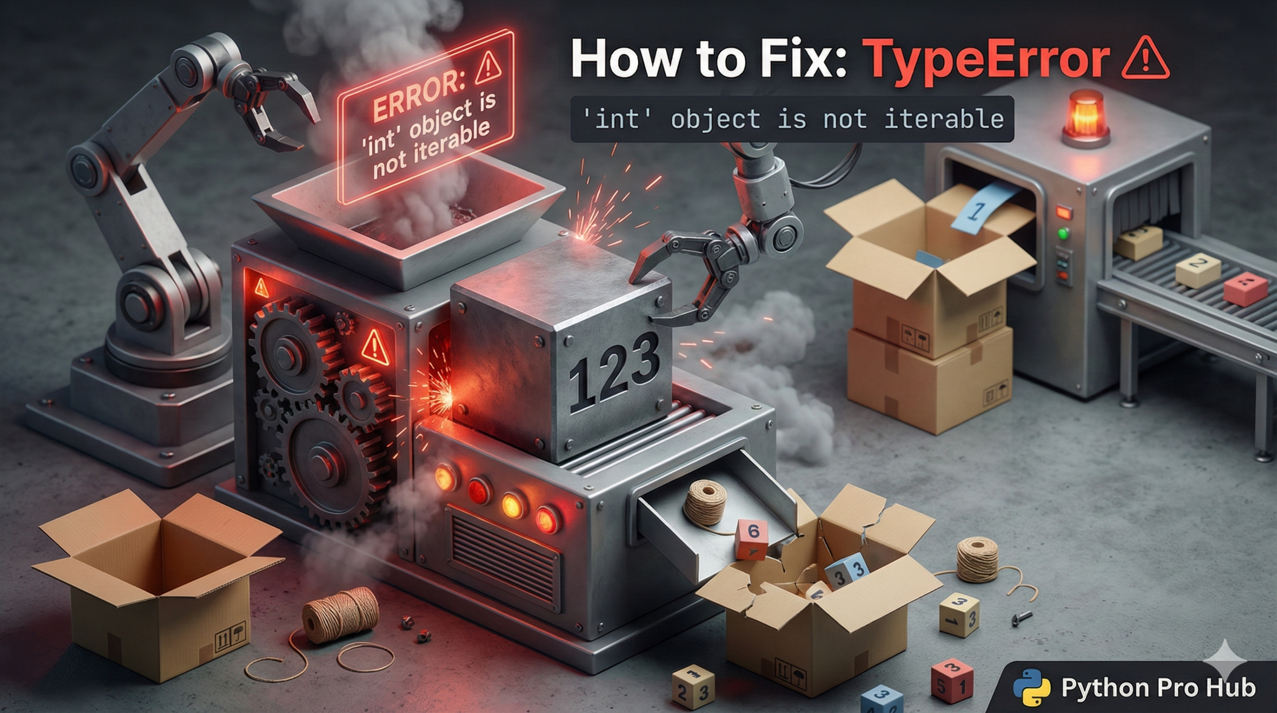 3D illustration of a machine failing to unpack a solid steel block, representing the 'int object is not iterable' TypeError.