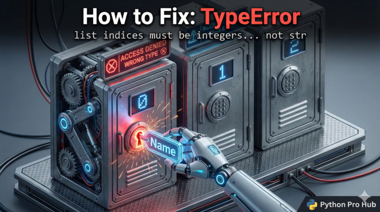 3D illustration of a robot trying to open a numbered locker with a text label, representing the 'list indices must be integers' TypeError.