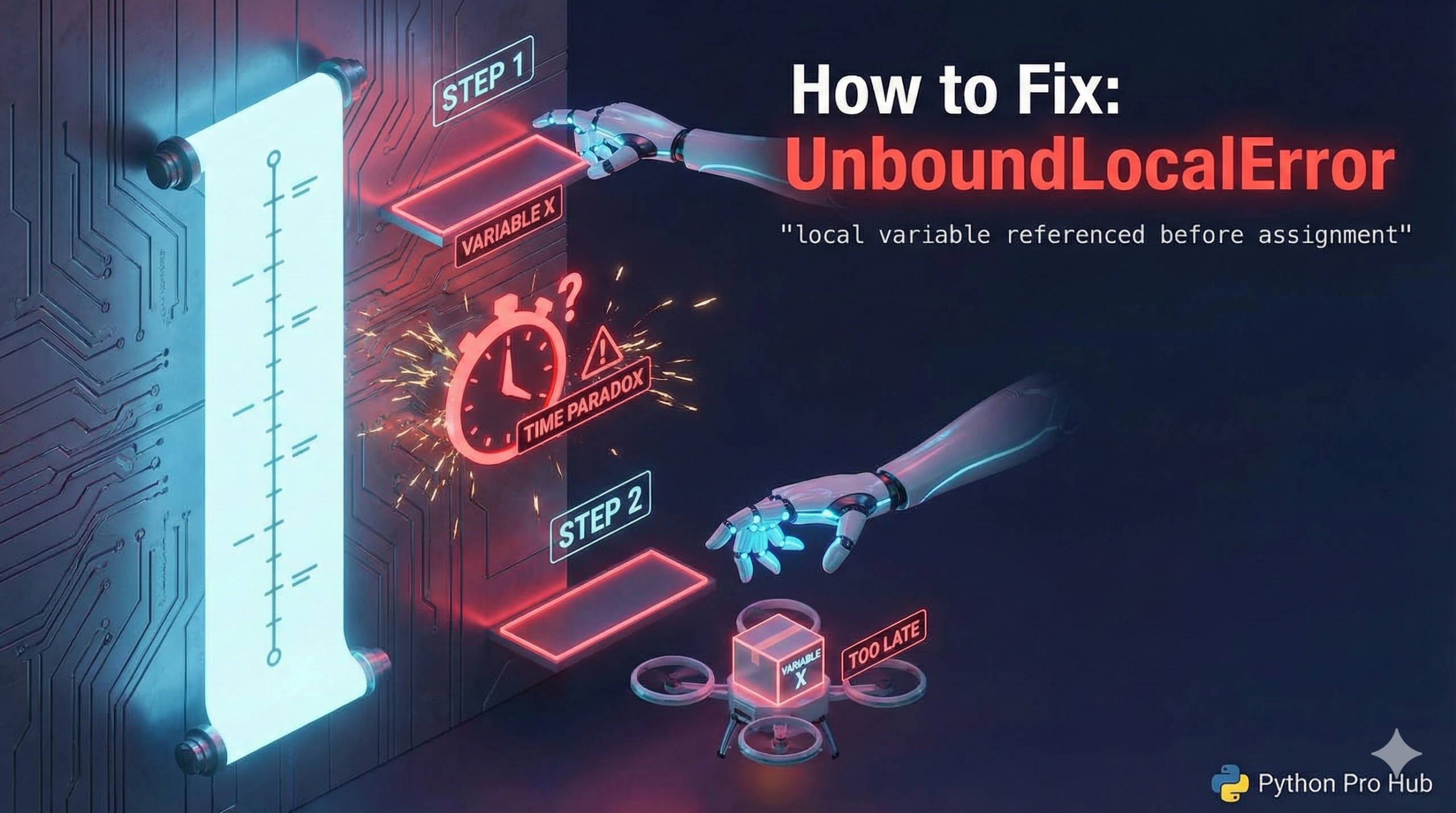 3D illustration of a robot trying to use a tool before it has been delivered, representing the UnboundLocalError in Python.
