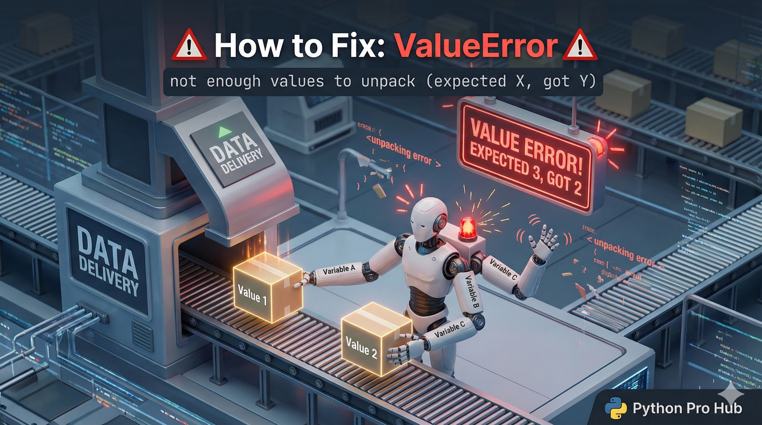 3D illustration of a worker with three hands only receiving two boxes, representing a 'not enough values to unpack' ValueError.
