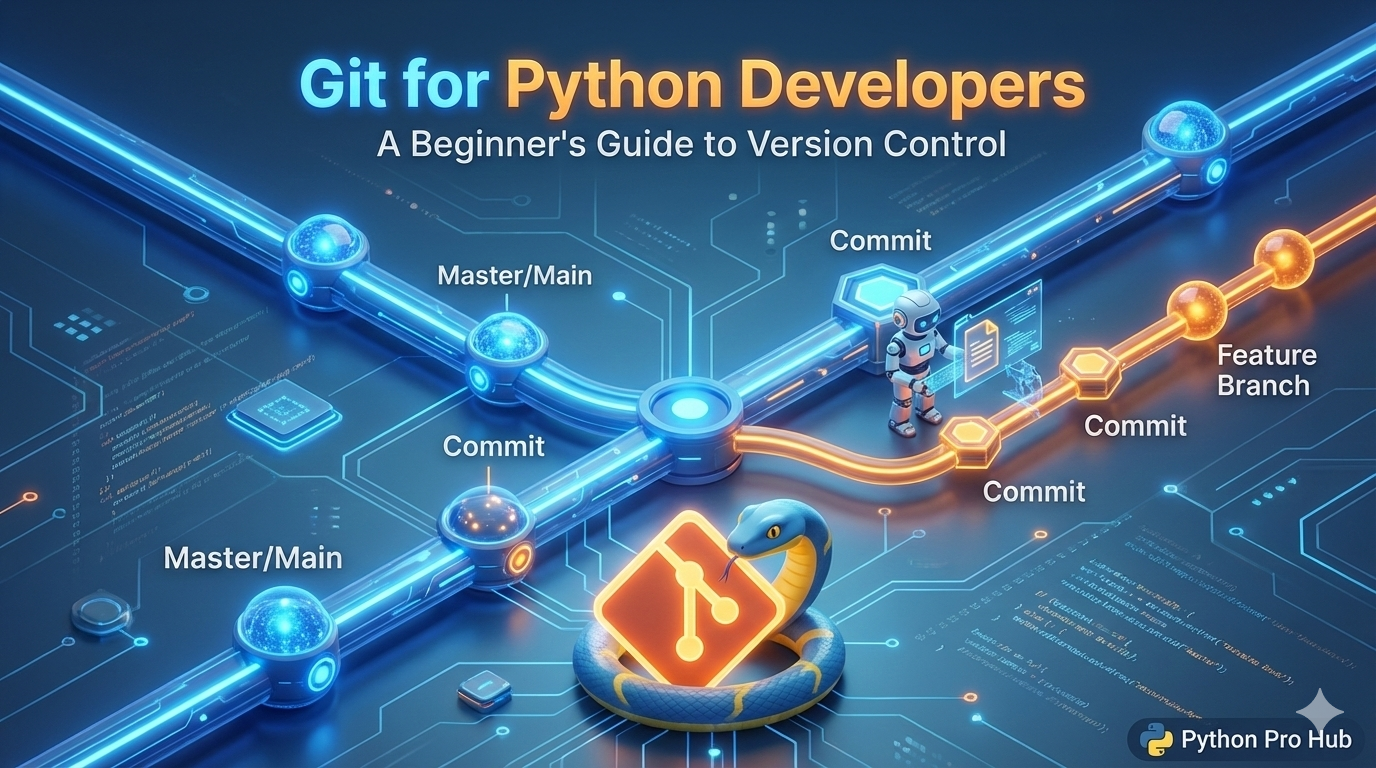 3D isometric diagram of a Git commit history tree with branches, representing version control for Python developers.