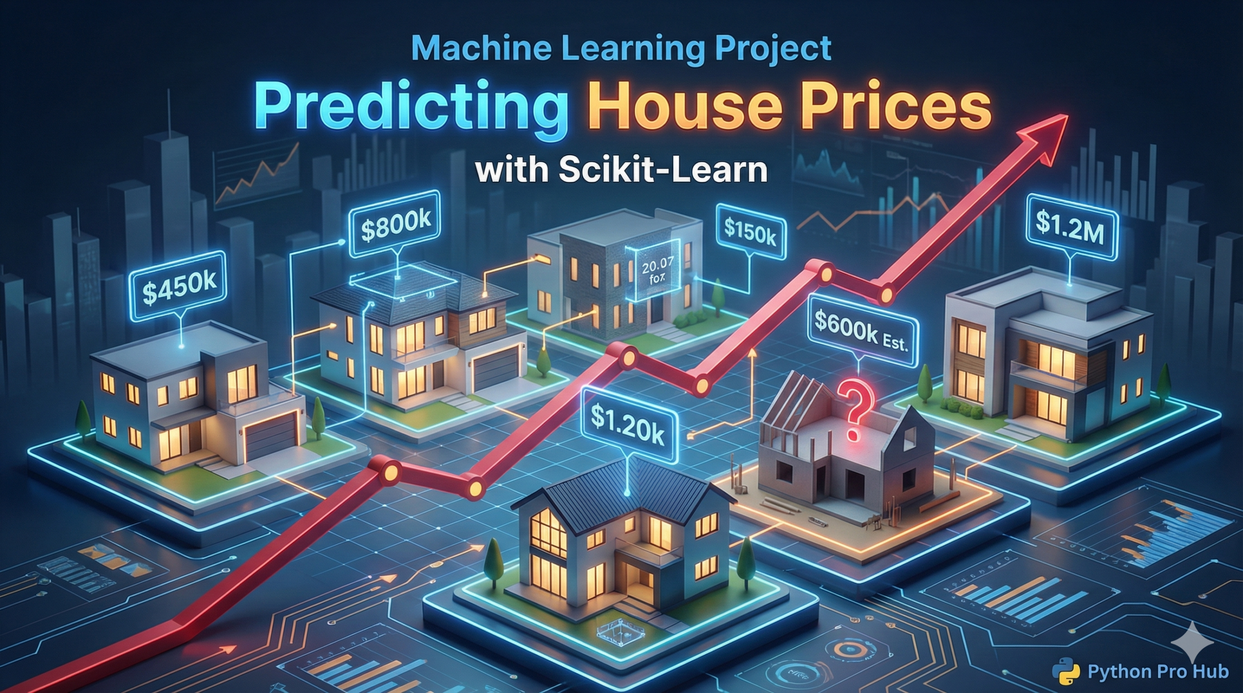 3D visualization of a neighborhood with regression lines predicting values, representing a house price prediction project.