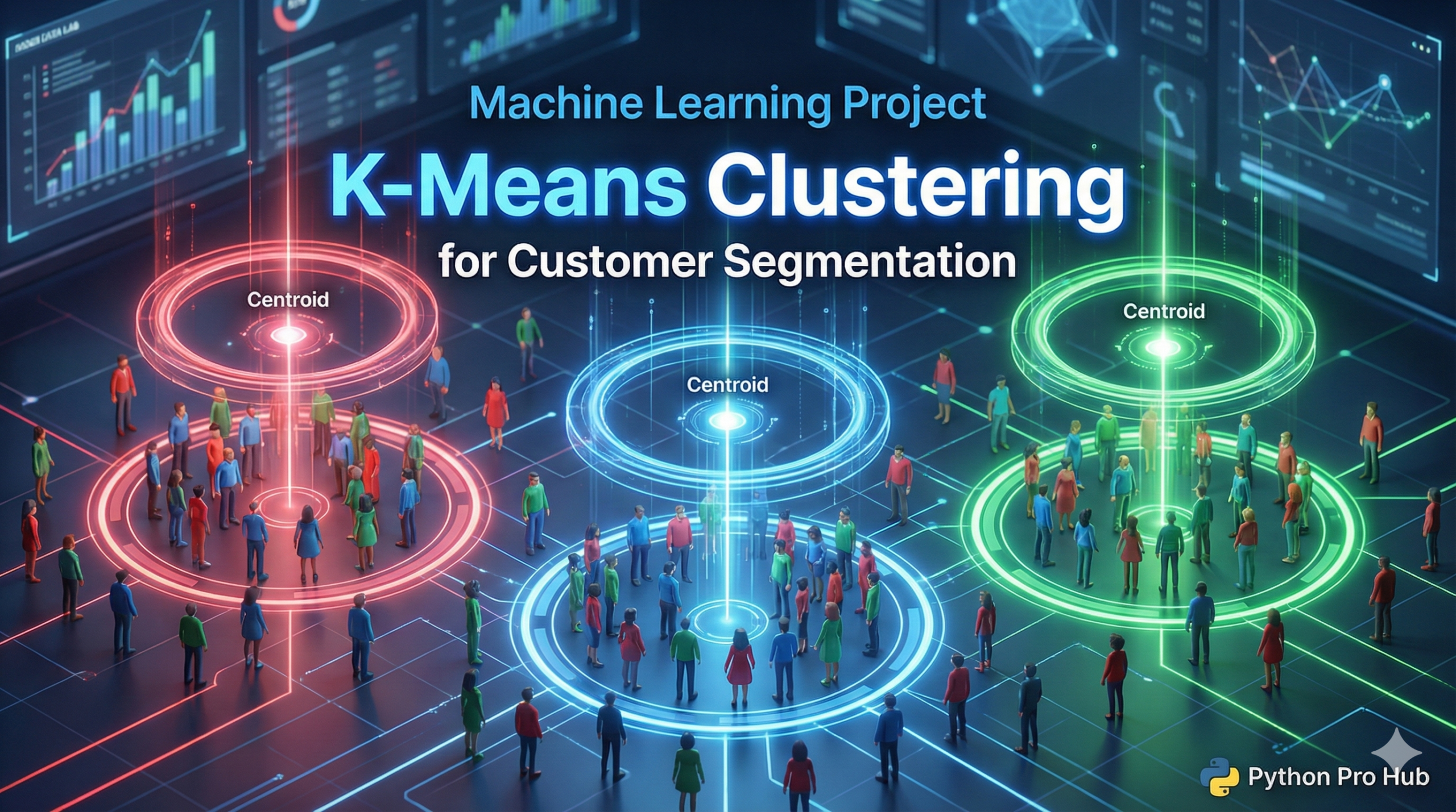 3D visualization of customer avatars being grouped into colored rings, representing K-Means clustering algorithms.