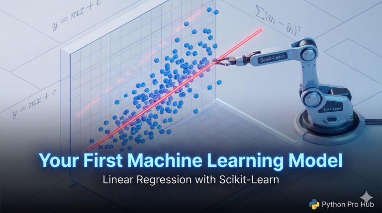 3D isometric illustration of a regression line being fitted through data points, representing linear regression in Scikit-Learn.