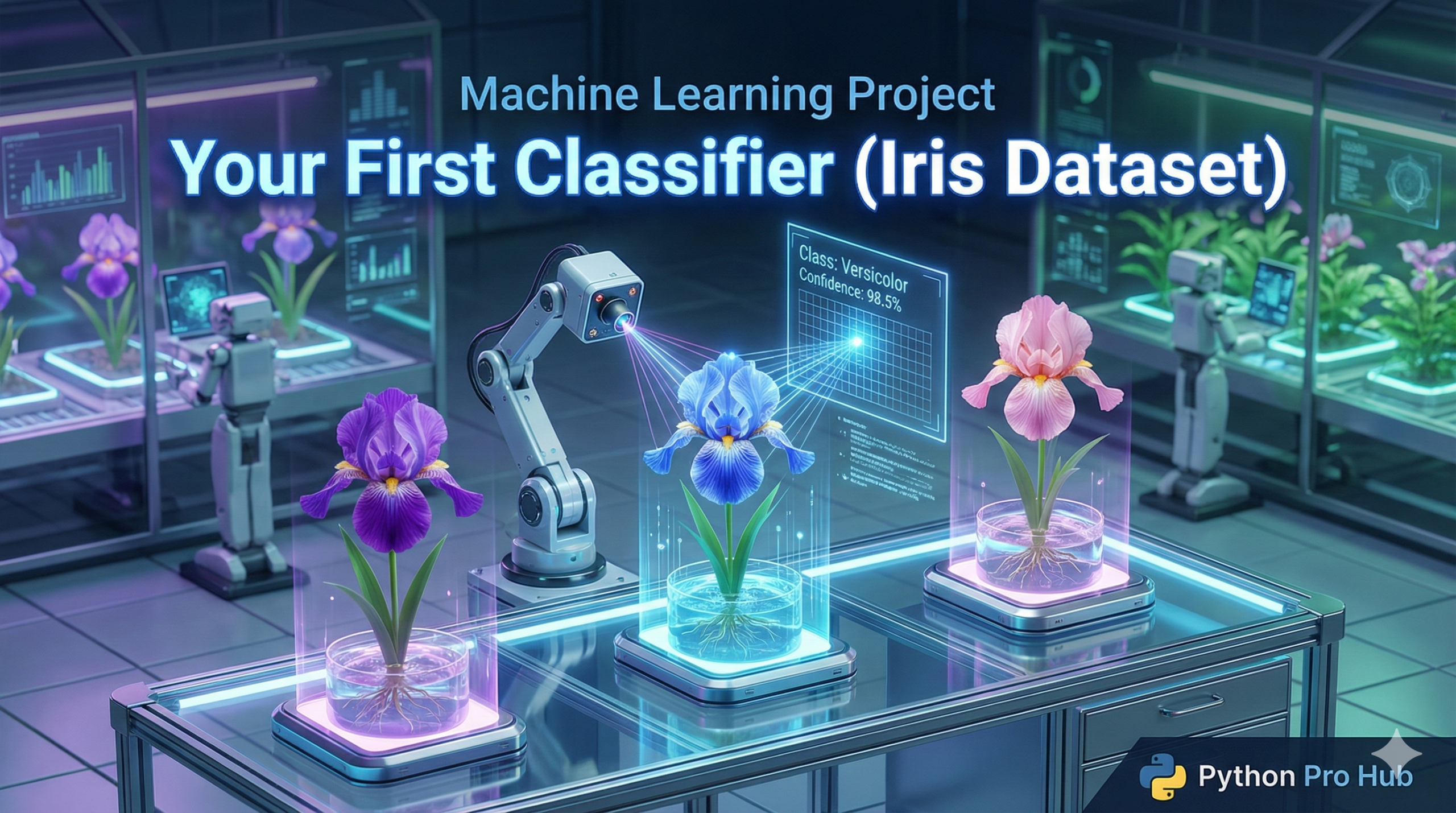 3D visualization of a robot scanning Iris flowers and identifying their species, representing a Machine Learning classifier project.