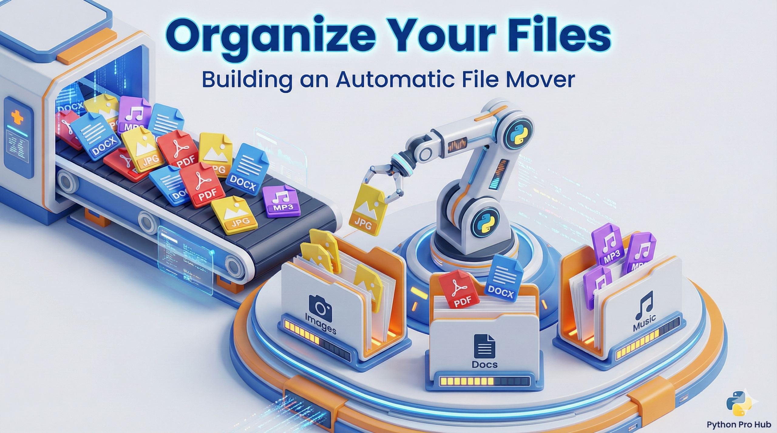3D isometric illustration of a robotic arm sorting mixed file types into specific folders, representing a Python file mover script.