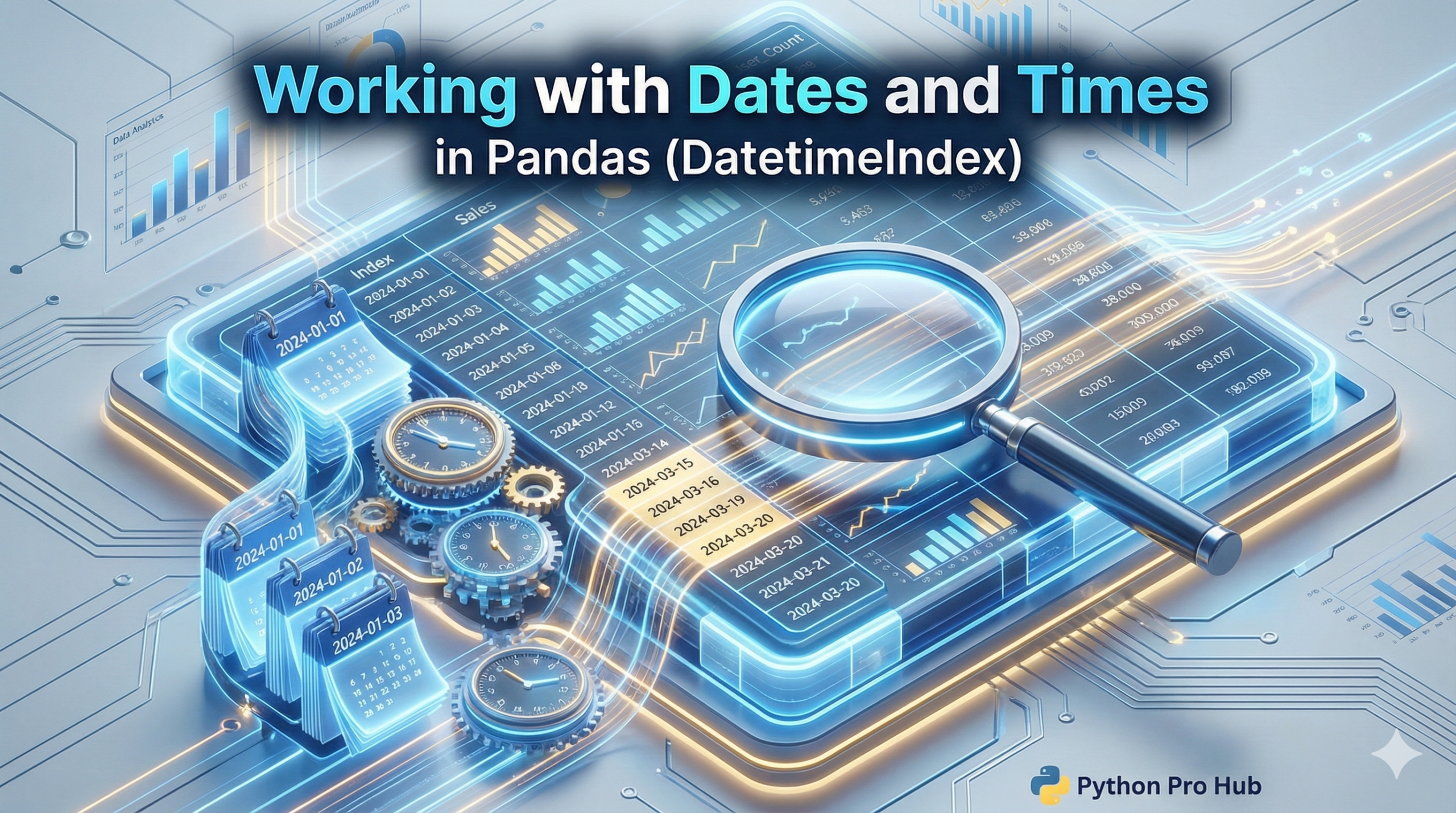 3D visualization of a data grid indexed by clocks and calendars, representing Pandas DatetimeIndex.