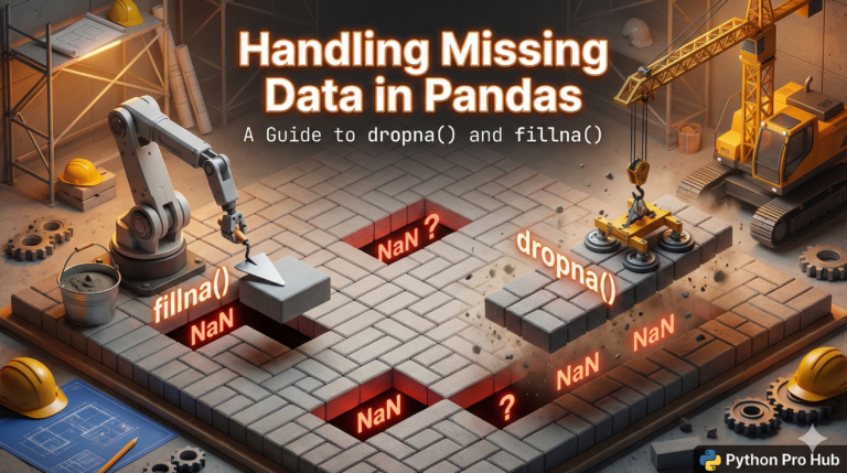 3D visualization of repairing a data grid by filling holes or removing rows, representing Pandas dropna and fillna methods.