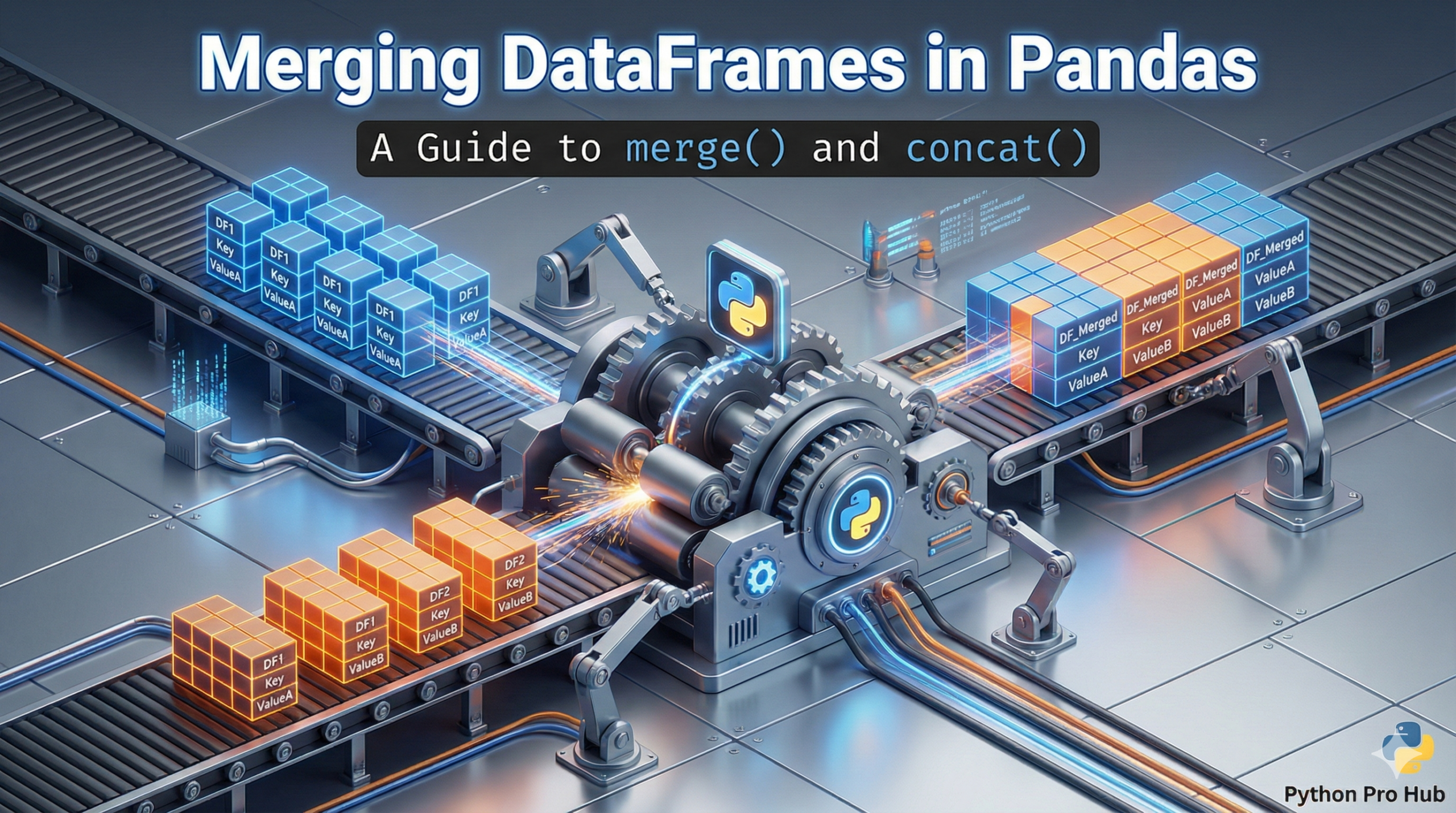 3D visualization of two separate data grids being zipped together into one master grid, representing Pandas merge and concat functions.