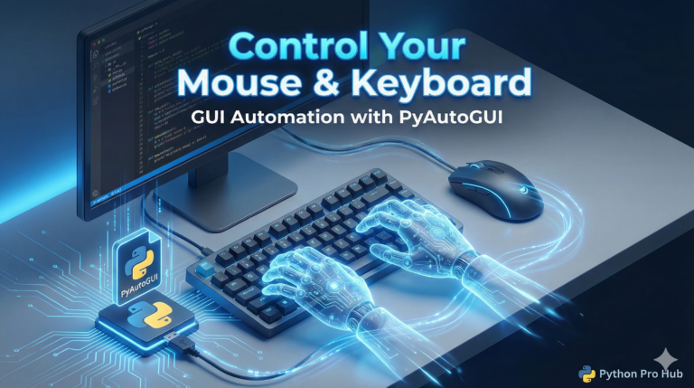 3D isometric illustration of robotic ghost hands controlling a keyboard and mouse, representing PyAutoGUI automation.