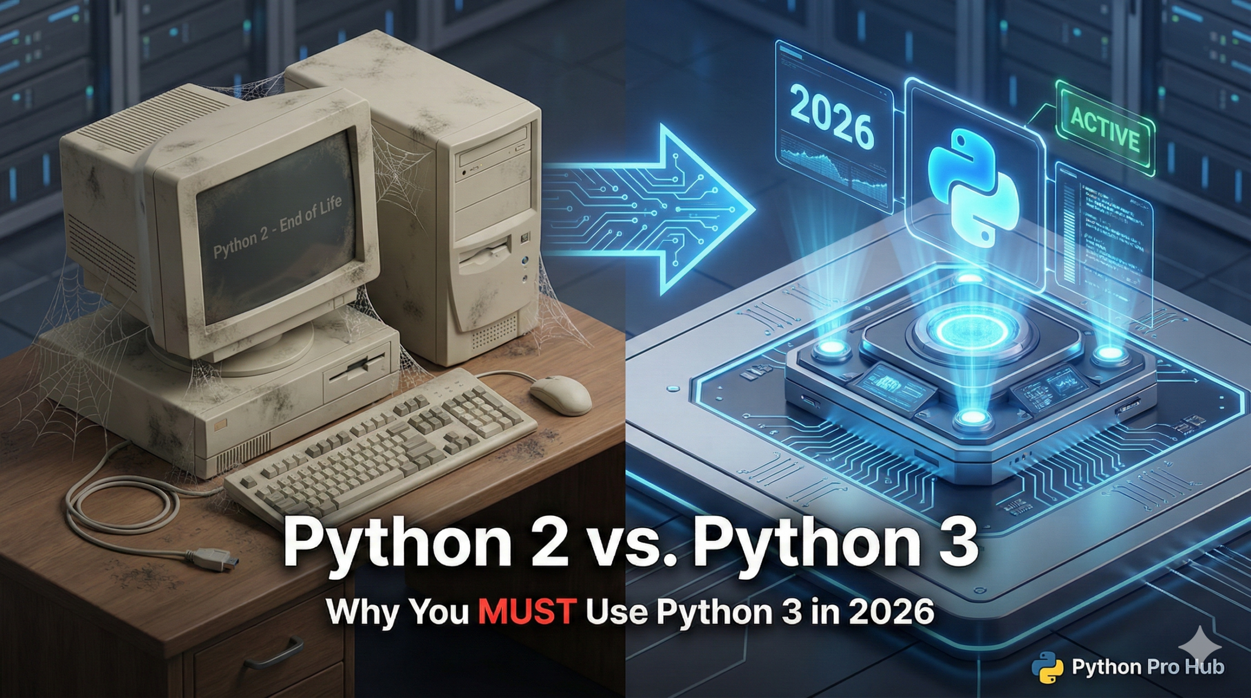 3D comparison showing an obsolete, dusty Python 2 computer next to a futuristic, glowing Python 3 interface for 2026.
