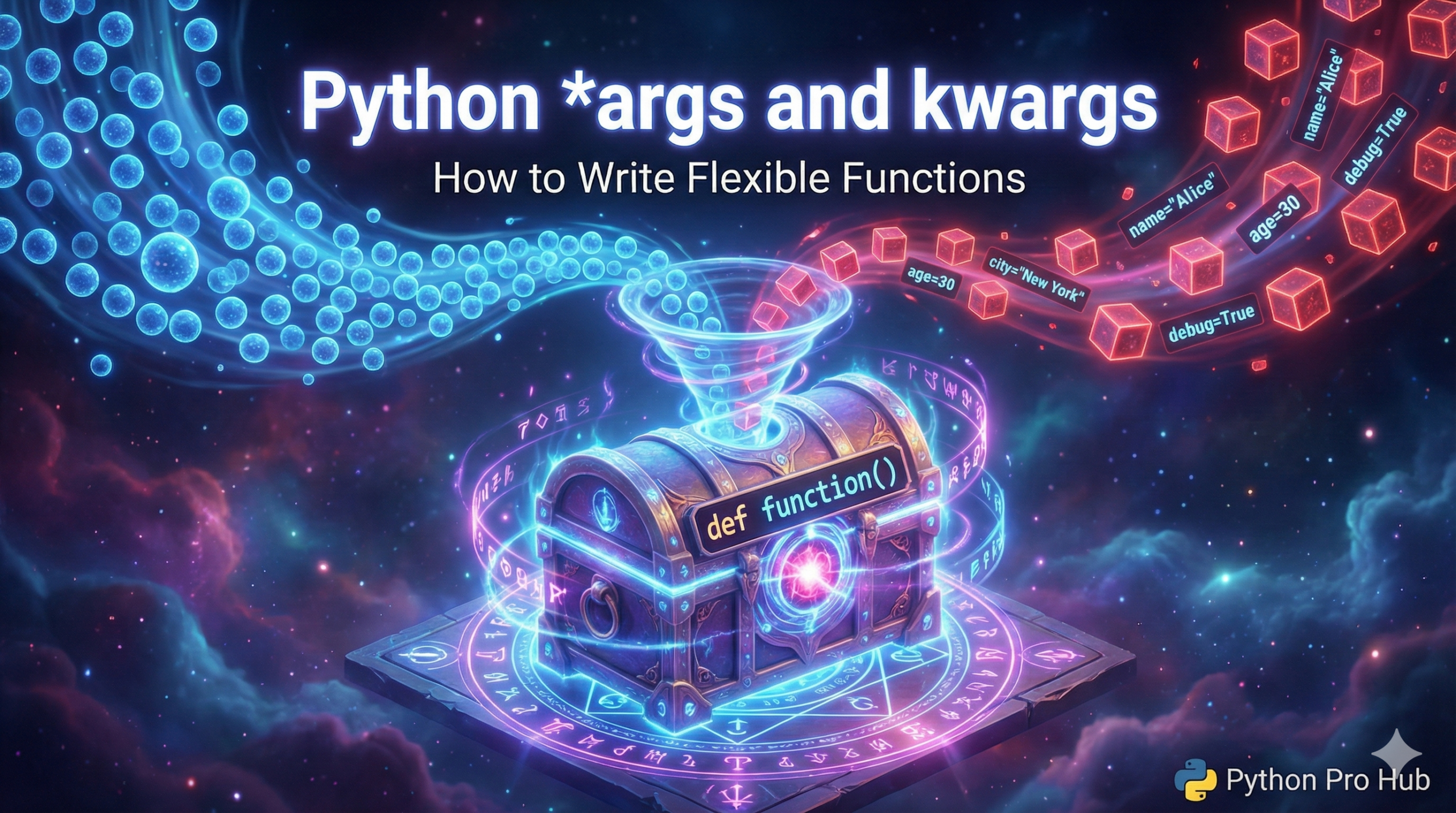 3D visualization of a function box accepting an unlimited stream of arguments, representing Python args and kwargs.