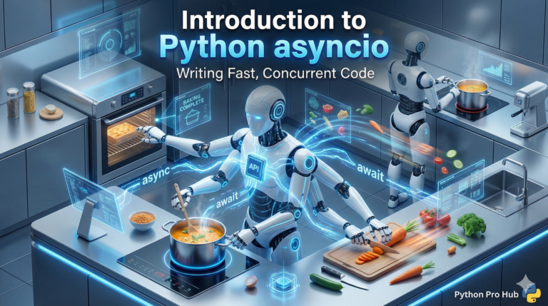 3D isometric illustration of a robot chef multitasking efficiently, representing Python's asyncio for concurrent programming.