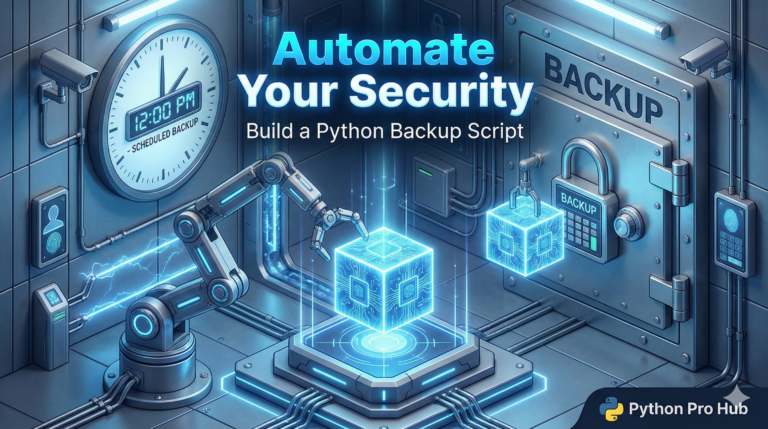 3D visualization of a robotic arm cloning data into a secure safe, representing an automated Python backup script.
