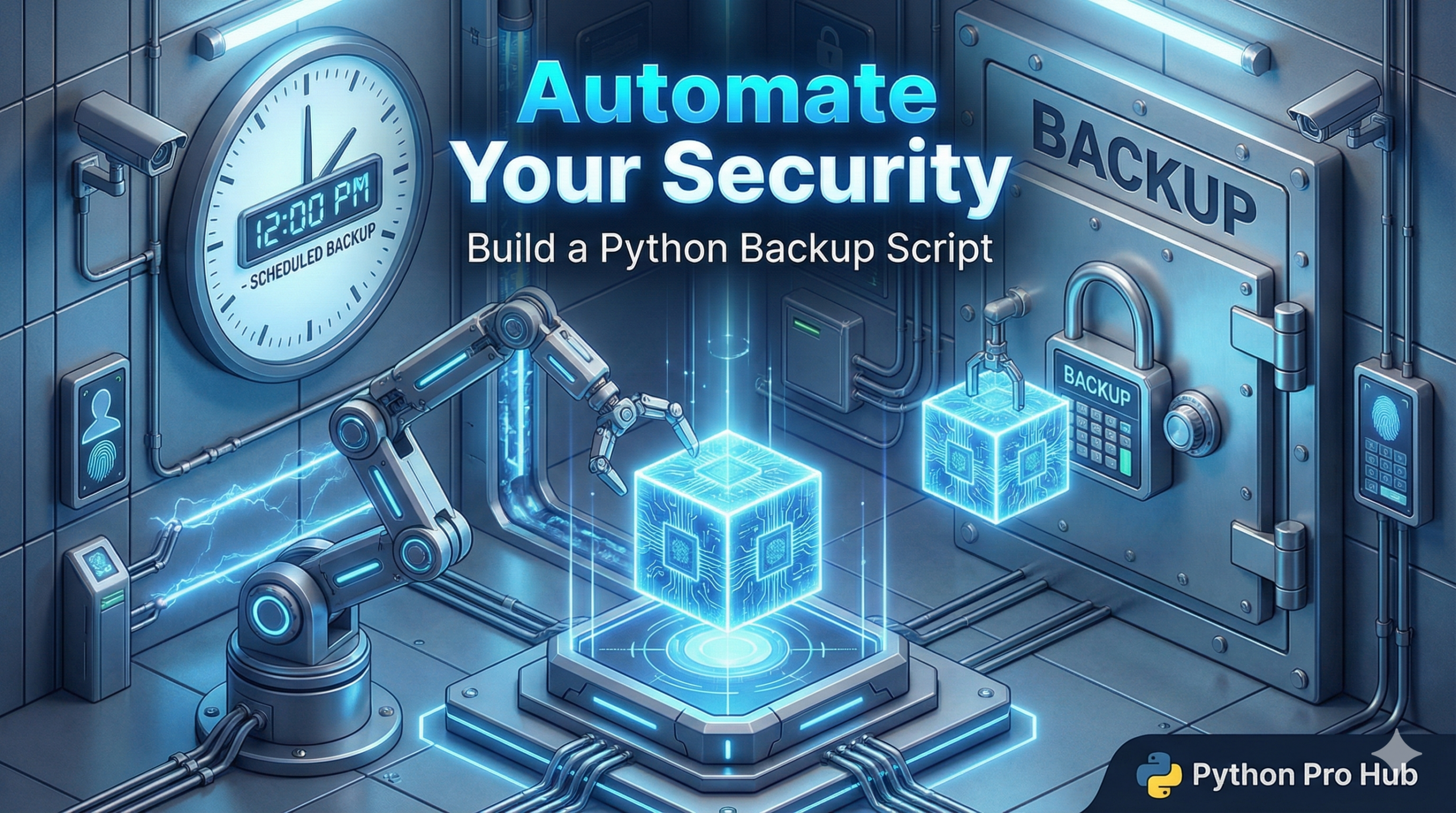 3D visualization of a robotic arm cloning data into a secure safe, representing an automated Python backup script.