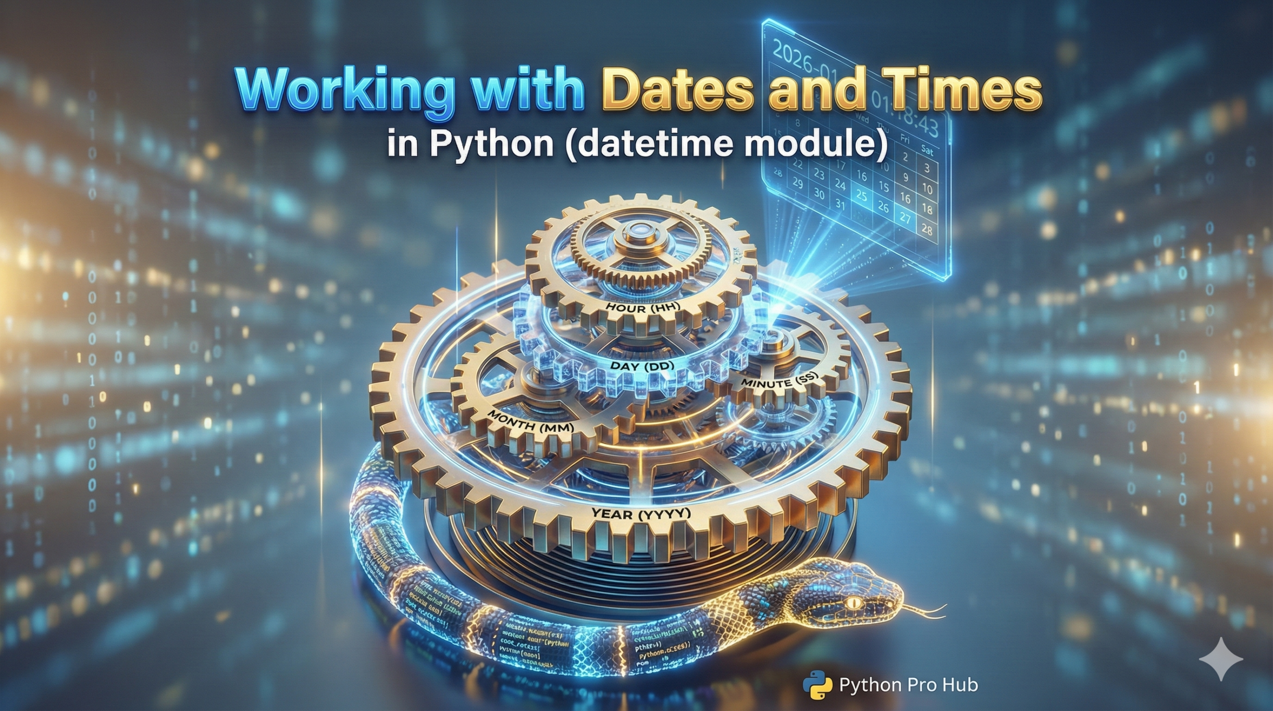 3D isometric illustration of interlocking clock gears and a digital calendar, representing Python's datetime module.