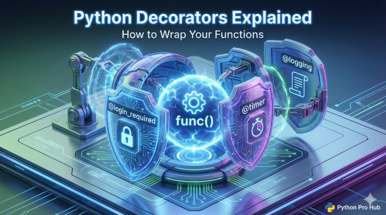 3D illustration of a function being encased in protective armor layers, representing Python decorators wrapping a function.