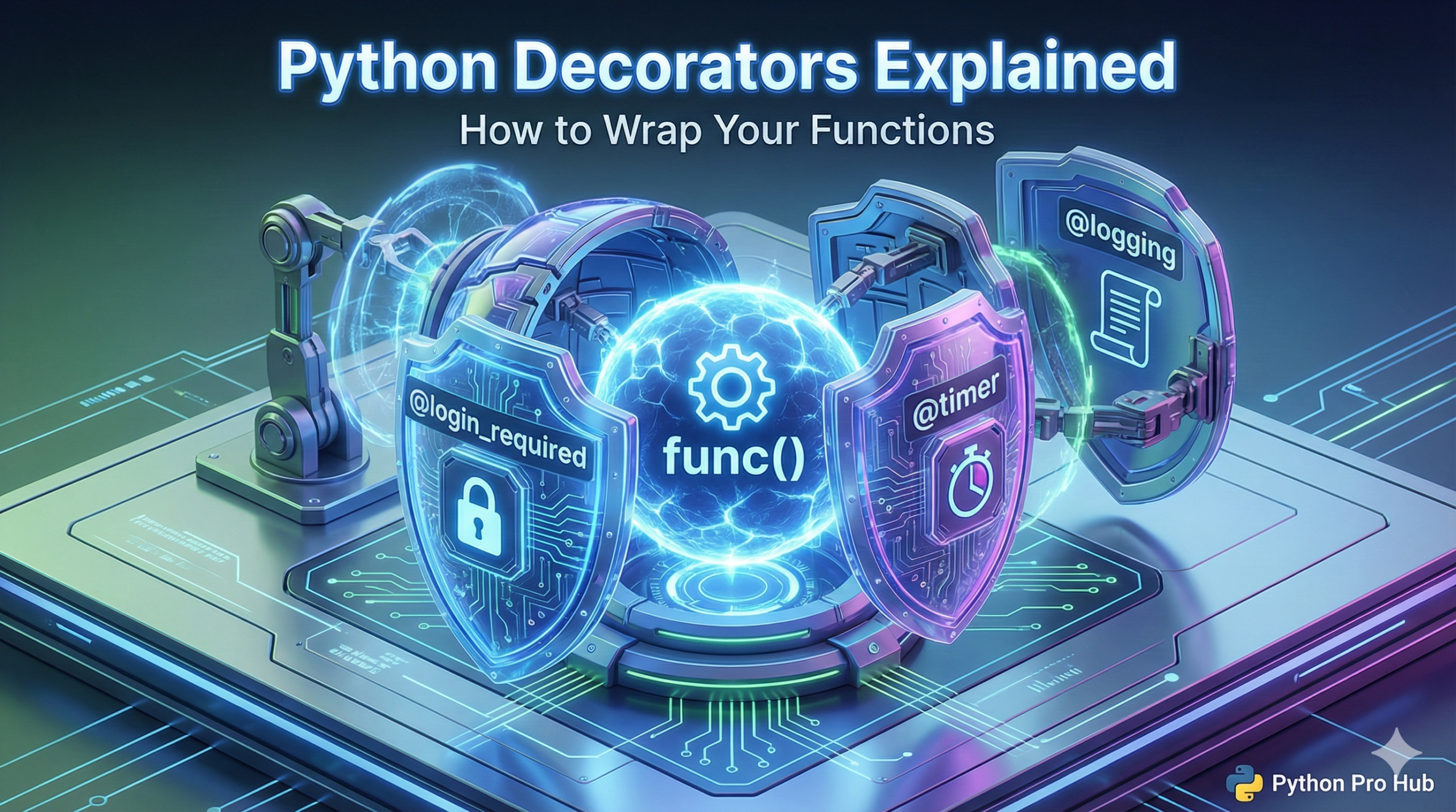3D illustration of a function being encased in protective armor layers, representing Python decorators wrapping a function.