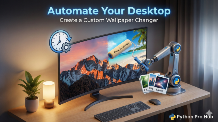 3D isometric illustration of a robot changing a computer desktop wallpaper automatically based on a schedule.