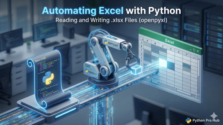 3D visualization of a Python robotic arm reading and writing data blocks on an Excel spreadsheet grid using openpyxl.
