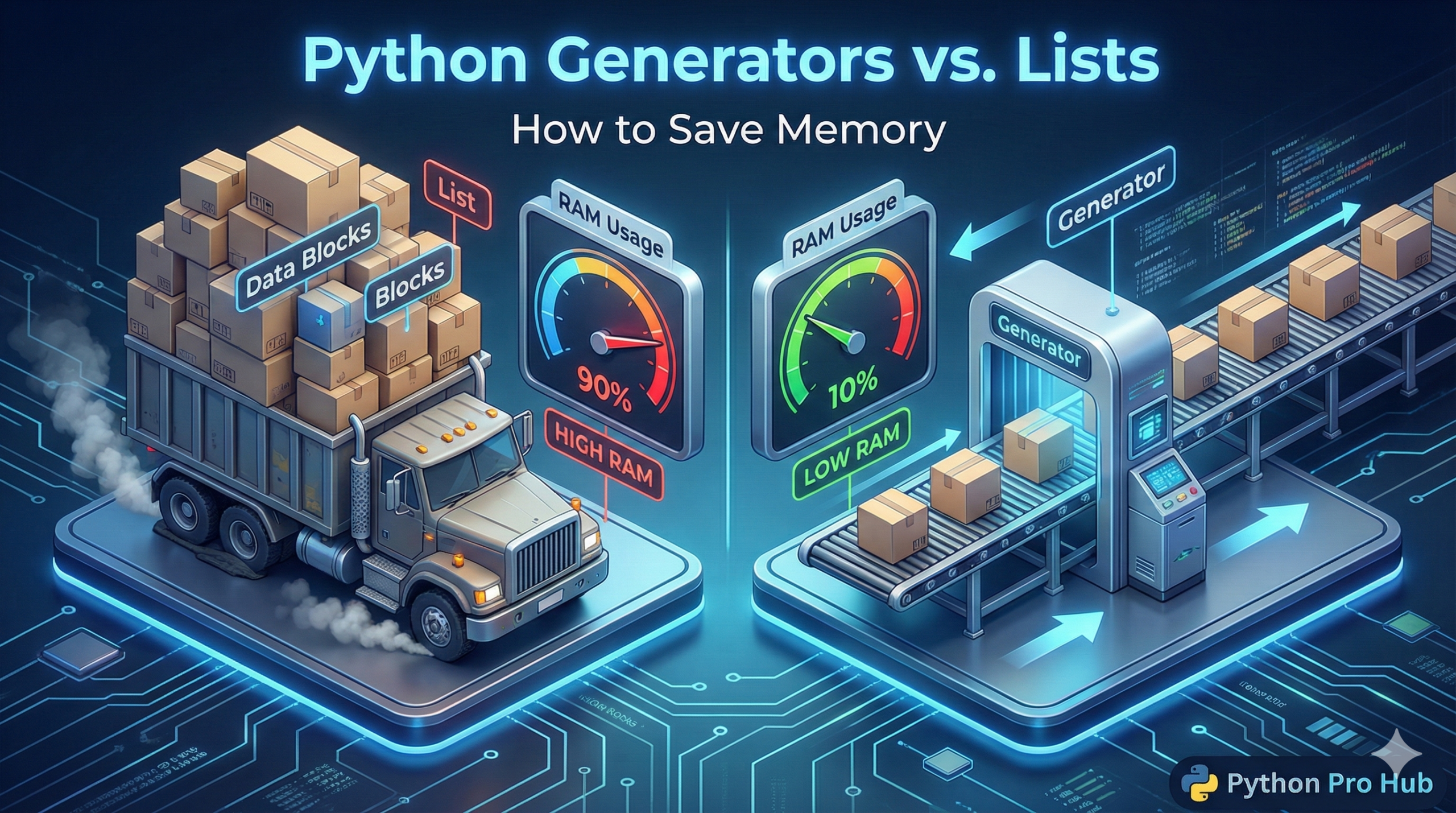 3D comparison of a heavy truck representing Python Lists versus an efficient conveyor belt representing Generators.