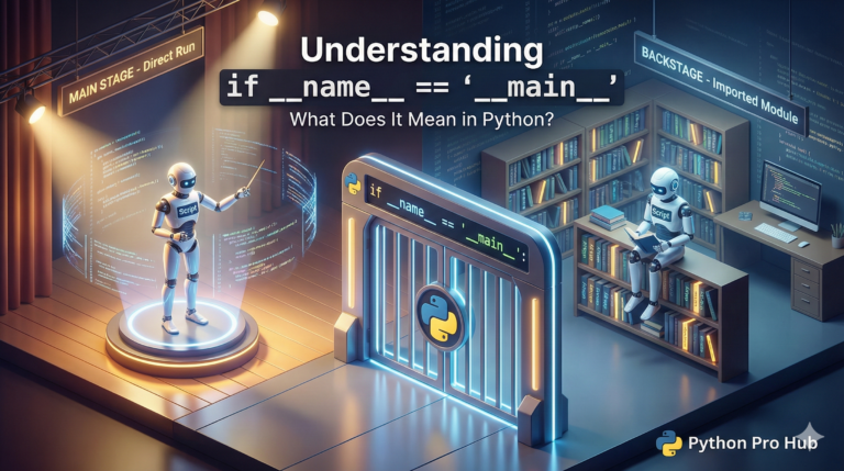 3D visualization of a Python script acting as a main stage conductor versus a library module, explaining the name equals main check.