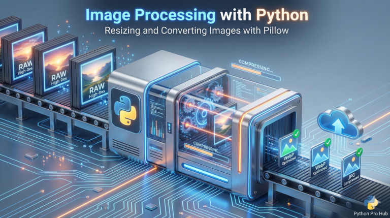 3D isometric visualization of a machine compressing and resizing large images into optimized formats using Python Image Processing the Pillow library.