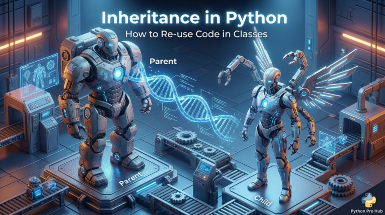 3D isometric illustration of a parent robot passing traits to a child robot, representing Class Inheritance in Python.
