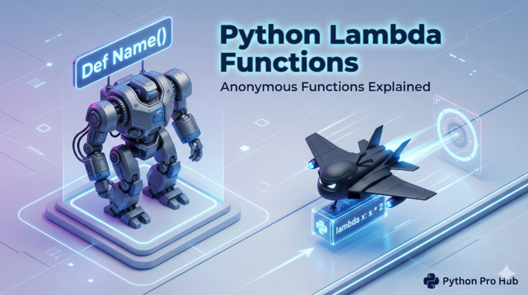 3D isometric comparison of a large named function robot versus a small anonymous lambda drone.