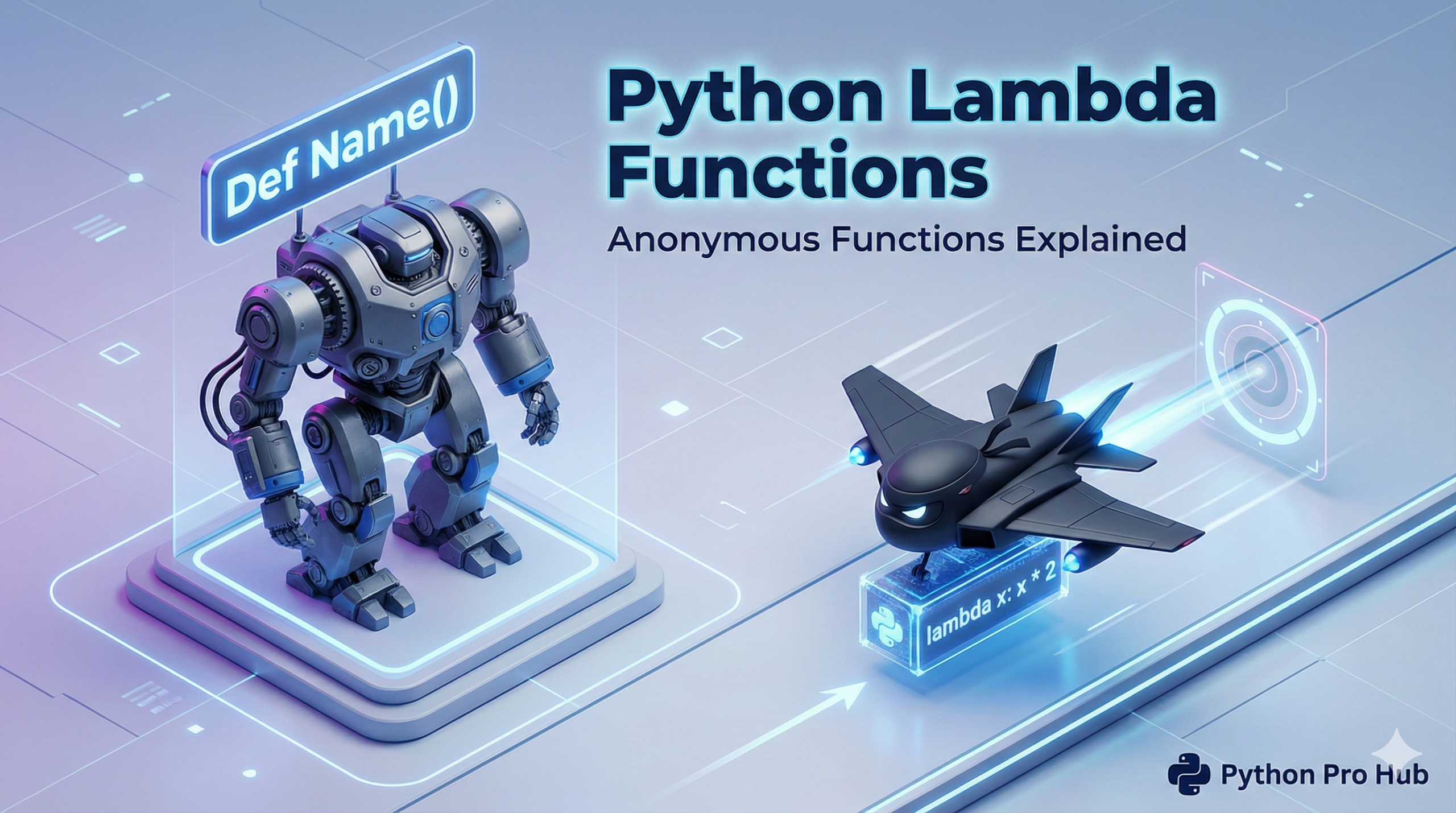 3D isometric comparison of a large named function robot versus a small anonymous lambda drone.