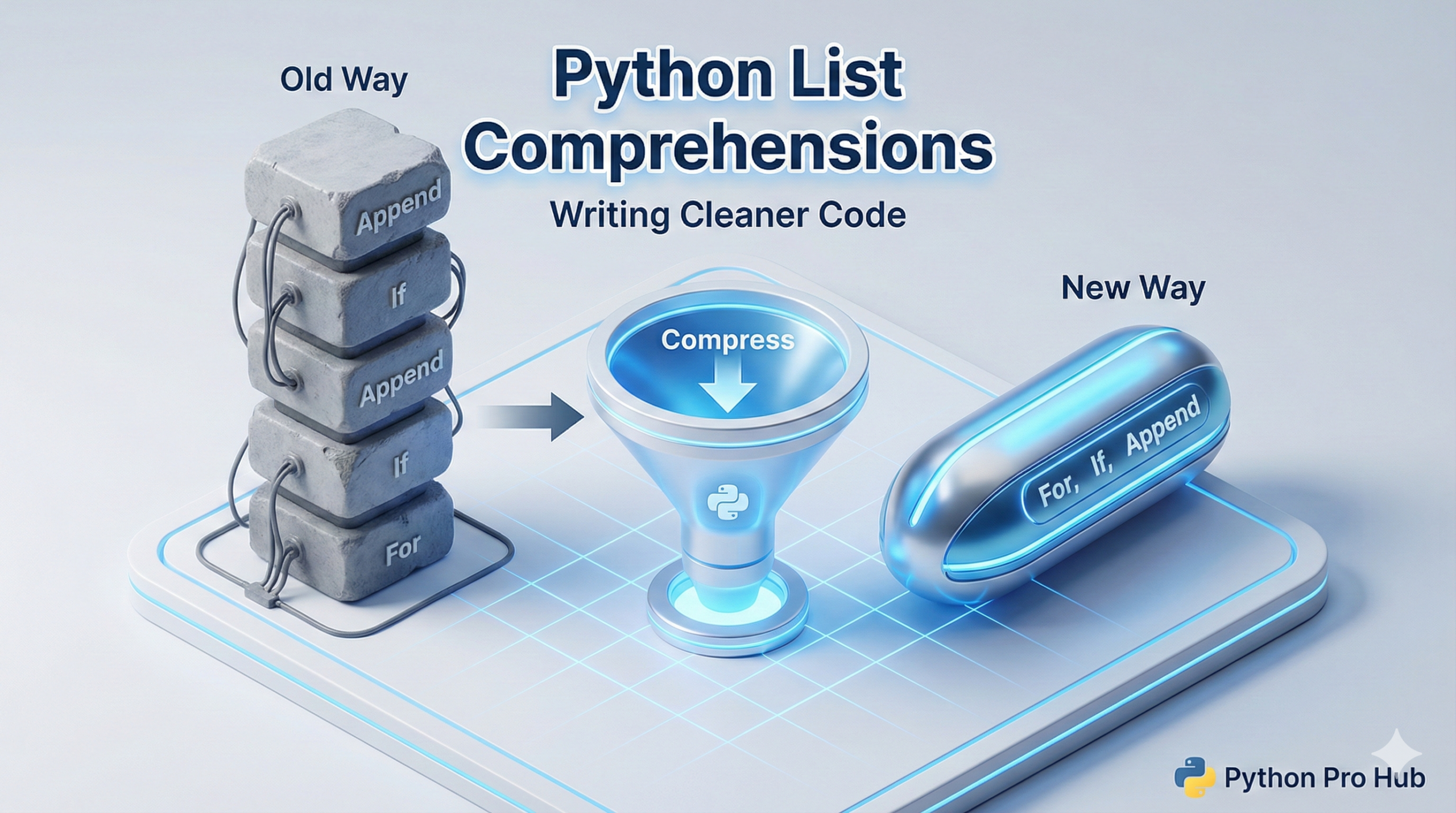 3D visualization comparing a tall stack of code blocks to a single sleek beam, representing Python list comprehensions.