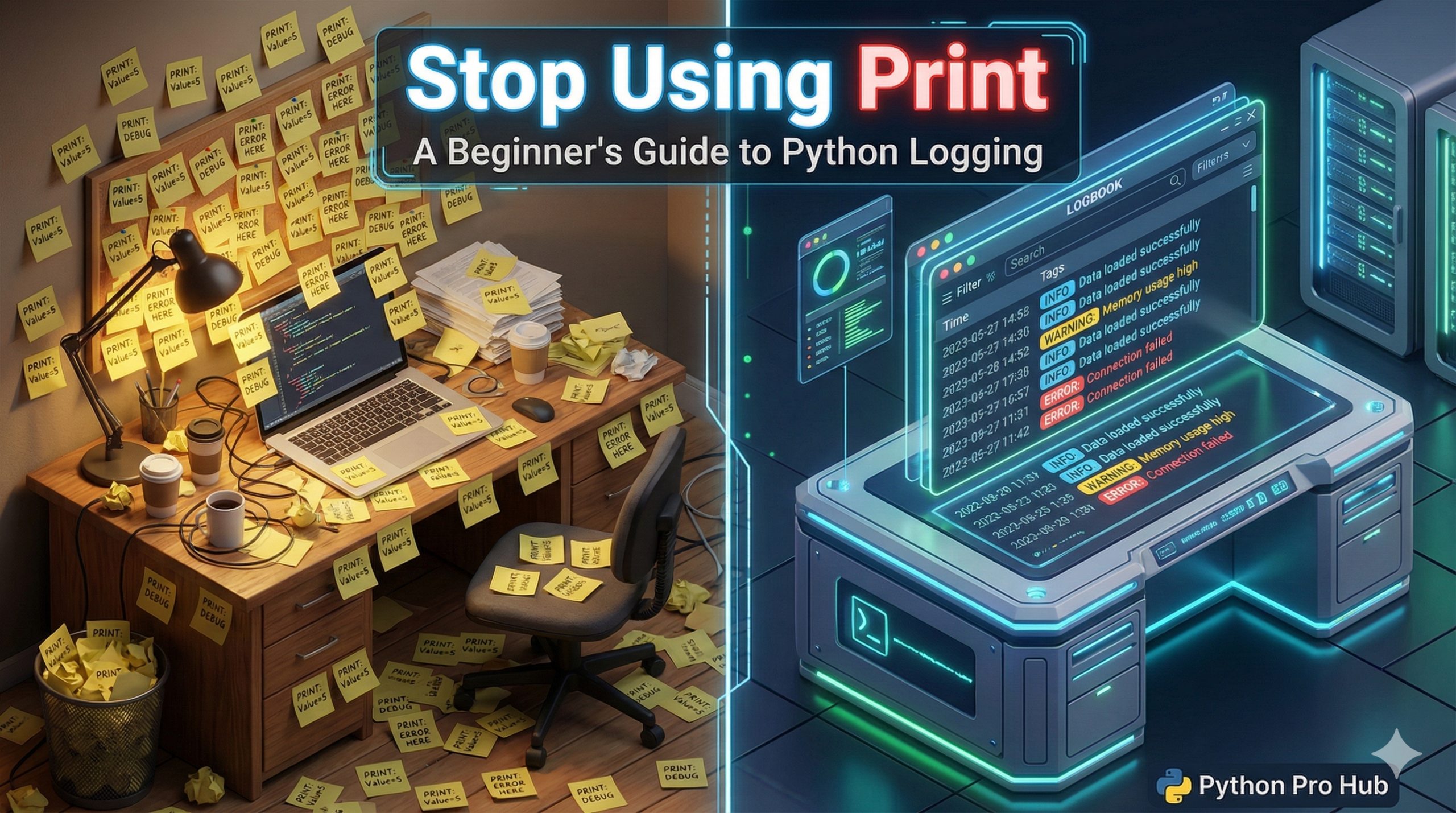3D comparison of a messy desk with sticky notes versus a neat digital logbook, representing Python print vs logging.