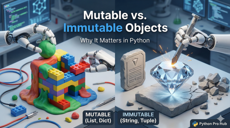 3D comparison of a flexible clay object (mutable) versus a solid stone object (immutable), representing Python object types.