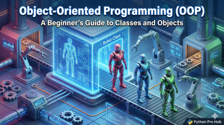 3D visualization of a master mold creating multiple robot instances, representing Python Classes and Objects in OOP.