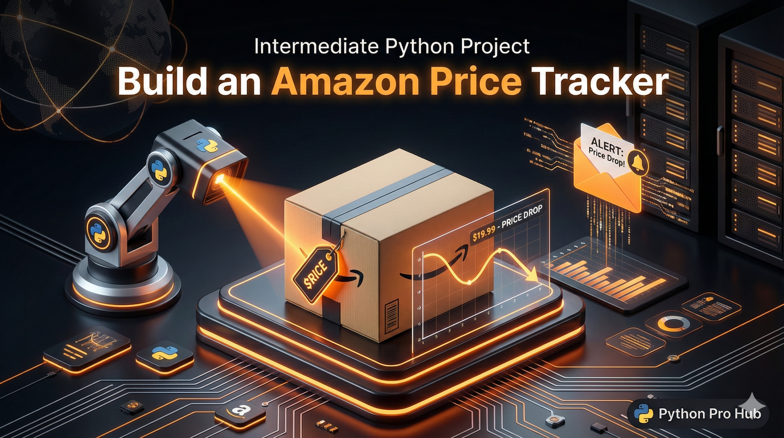 3D visualization of a Python script scanning a product price tag and tracking a price drop on a chart.