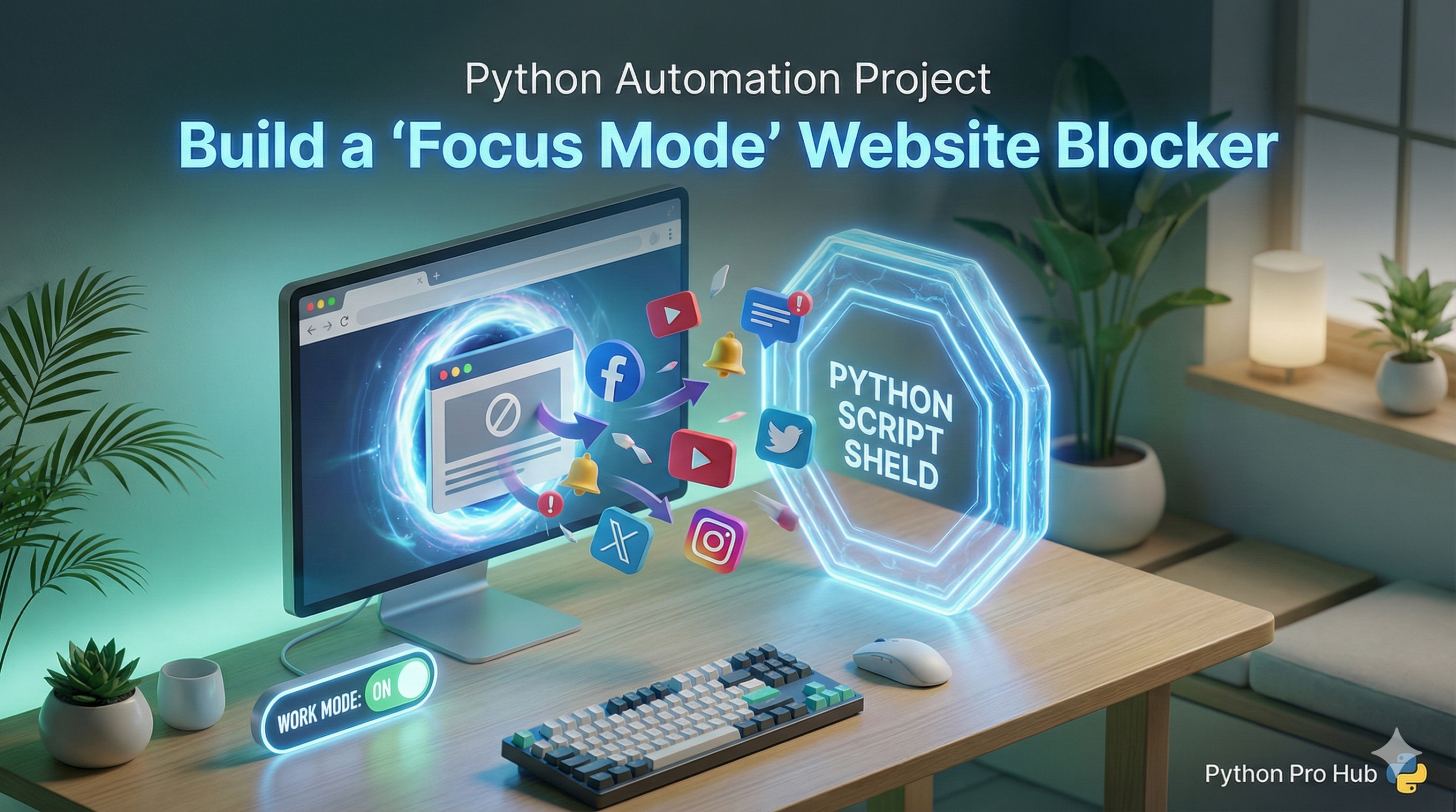 3D visualization of a digital shield blocking social media icons from a browser, representing a Python website blocker project.