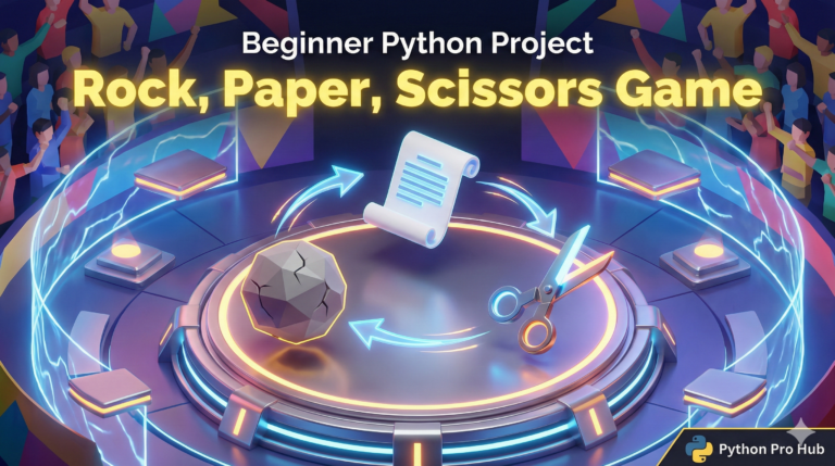 3D icons of a rock, paper, and scissors arranged in a game arena for a Python beginner project.