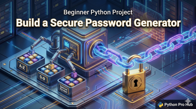 3D visualization of a machine assembling a secure Python Password Generator from random letters, numbers, and symbols.